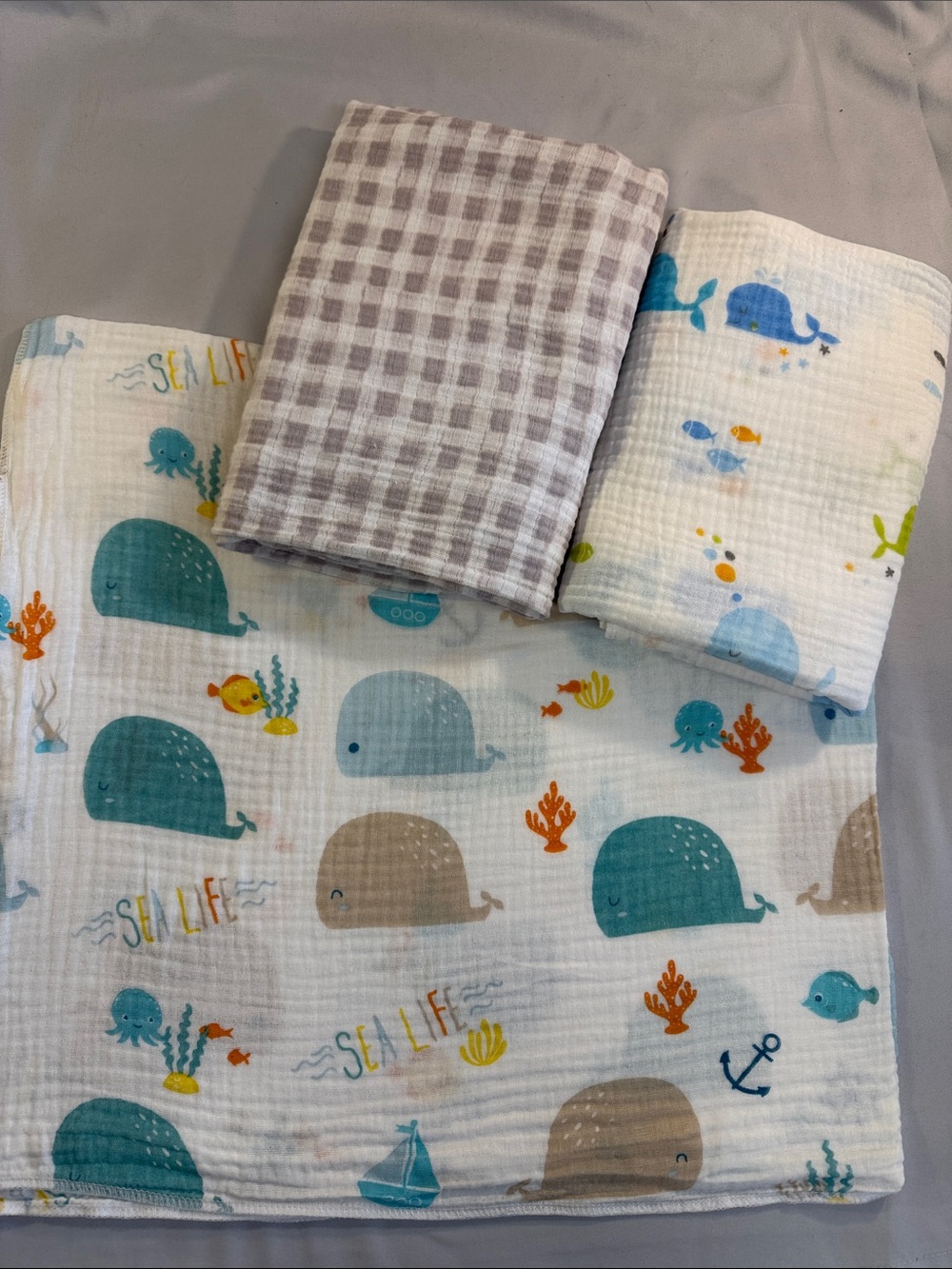 Soft Cotton Baby Swaddle Set - Sea Life Blue & Gray